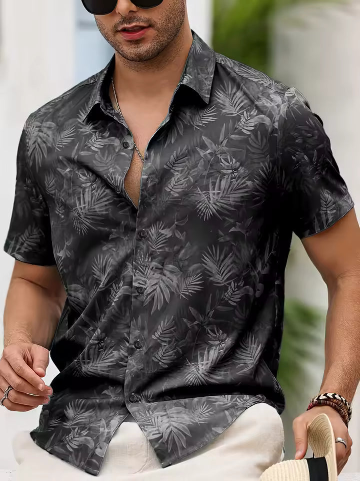 Men's Tropical Palm Leaf Print Short Sleeve Button-Up Shirt