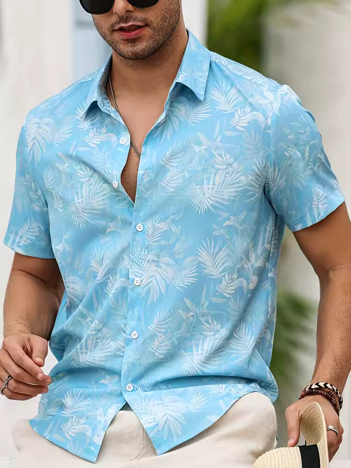 Men's Tropical Palm Leaf Print Short Sleeve Button-Up Shirt