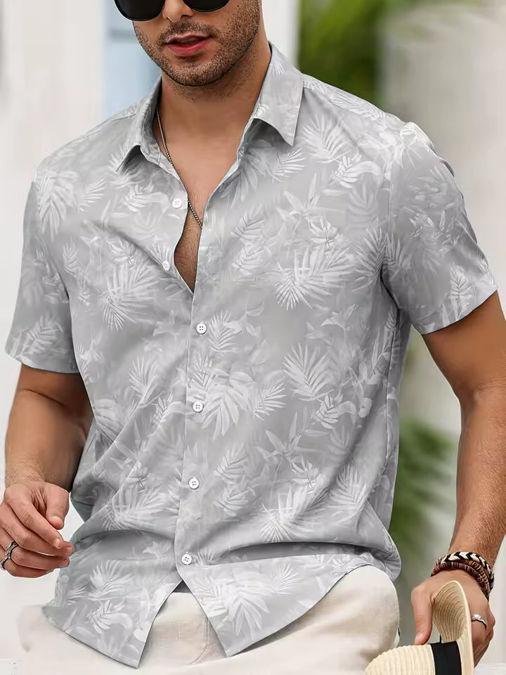 Men's Tropical Palm Leaf Print Short Sleeve Button-Up Shirt