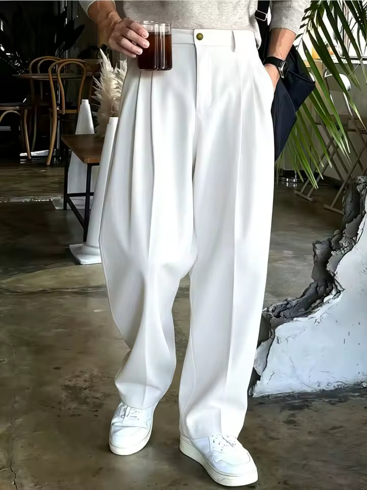 Men's Double Pleated Wide Leg Suit Pants – Korean Style Business & Casual Trousers