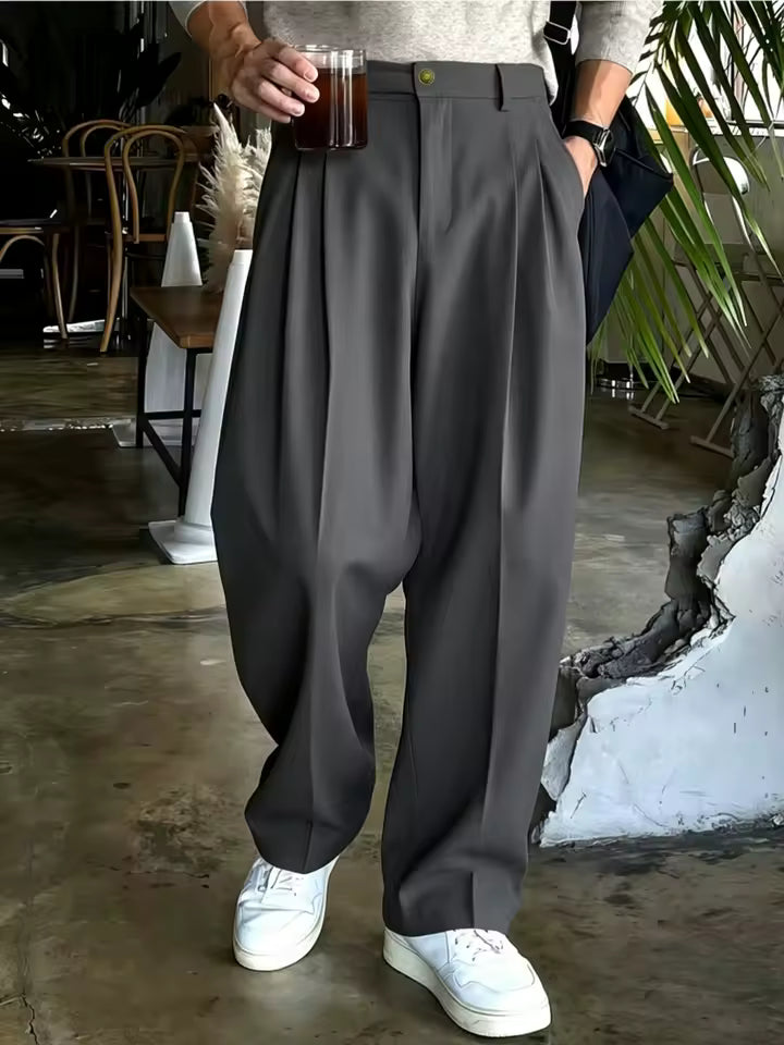 Men's Double Pleated Wide Leg Suit Pants – Korean Style Business & Casual Trousers