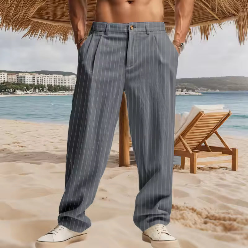 Men's Lightweight Linen Blend Striped Casual Pants – Straight Fit Zip Trousers