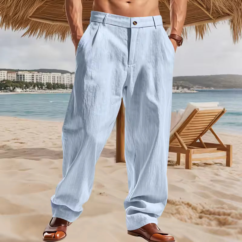 Men's Lightweight Linen Blend Striped Casual Pants – Straight Fit Zip Trousers