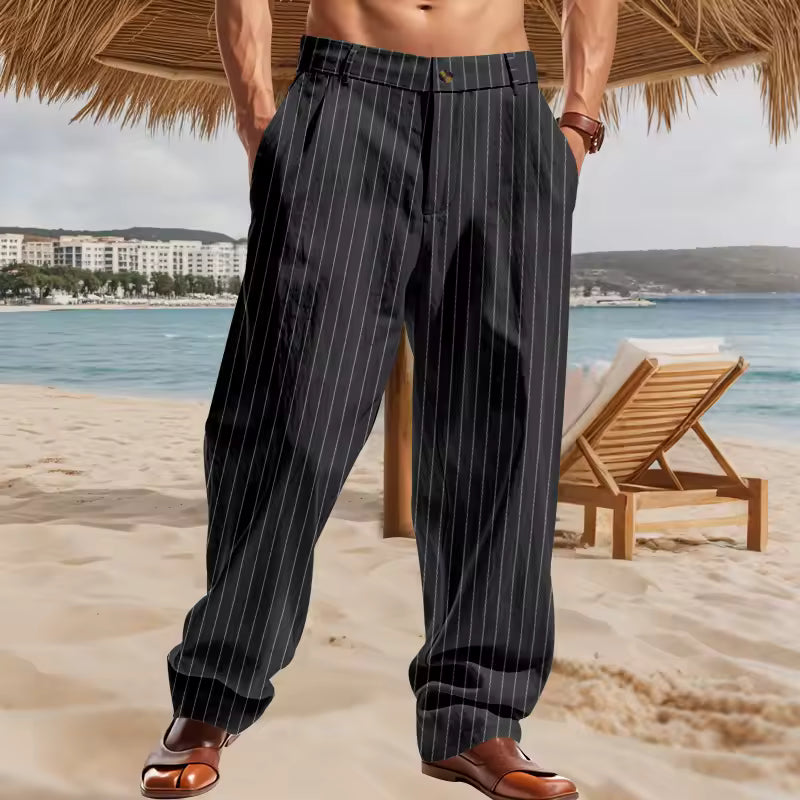 Men's Lightweight Linen Blend Striped Casual Pants – Straight Fit Zip Trousers