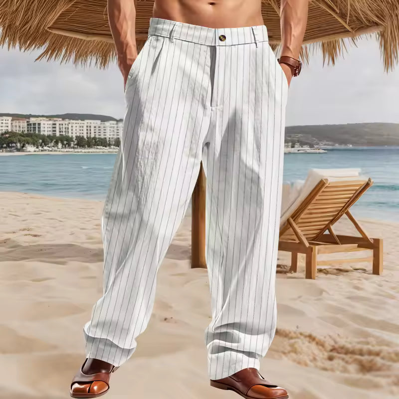 Men's Lightweight Linen Blend Striped Casual Pants – Straight Fit Zip Trousers