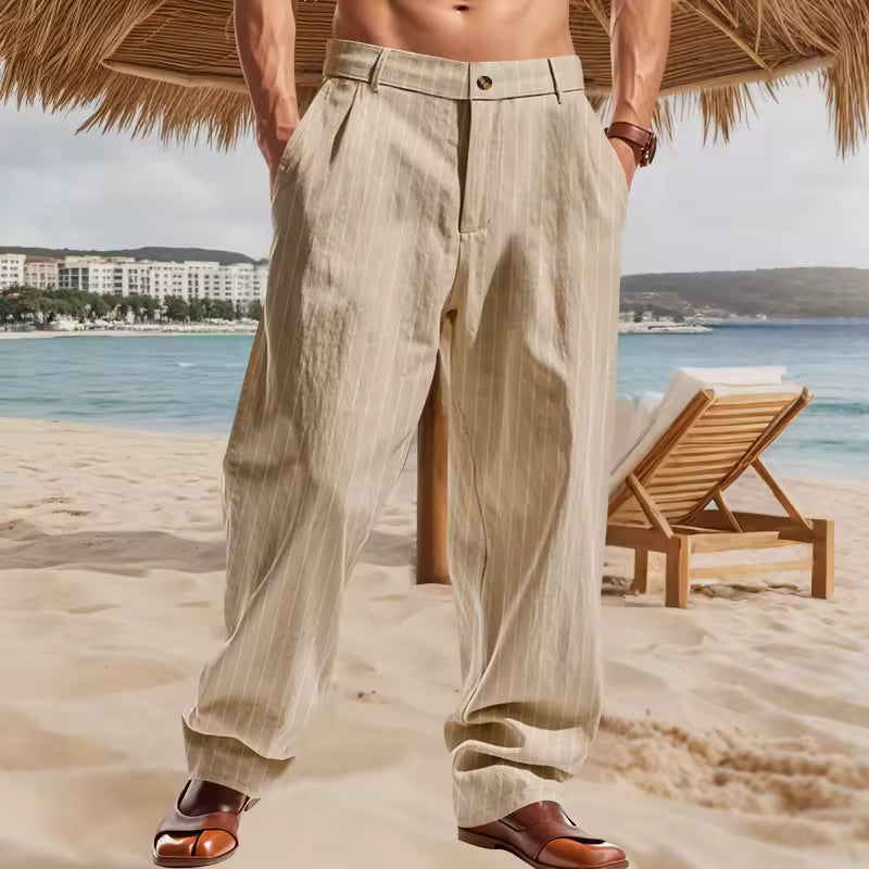 Men's Lightweight Linen Blend Striped Casual Pants – Straight Fit Zip Trousers