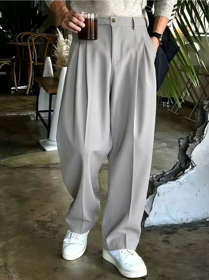 Men's Double Pleated Wide Leg Suit Pants – Korean Style Business & Casual Trousers