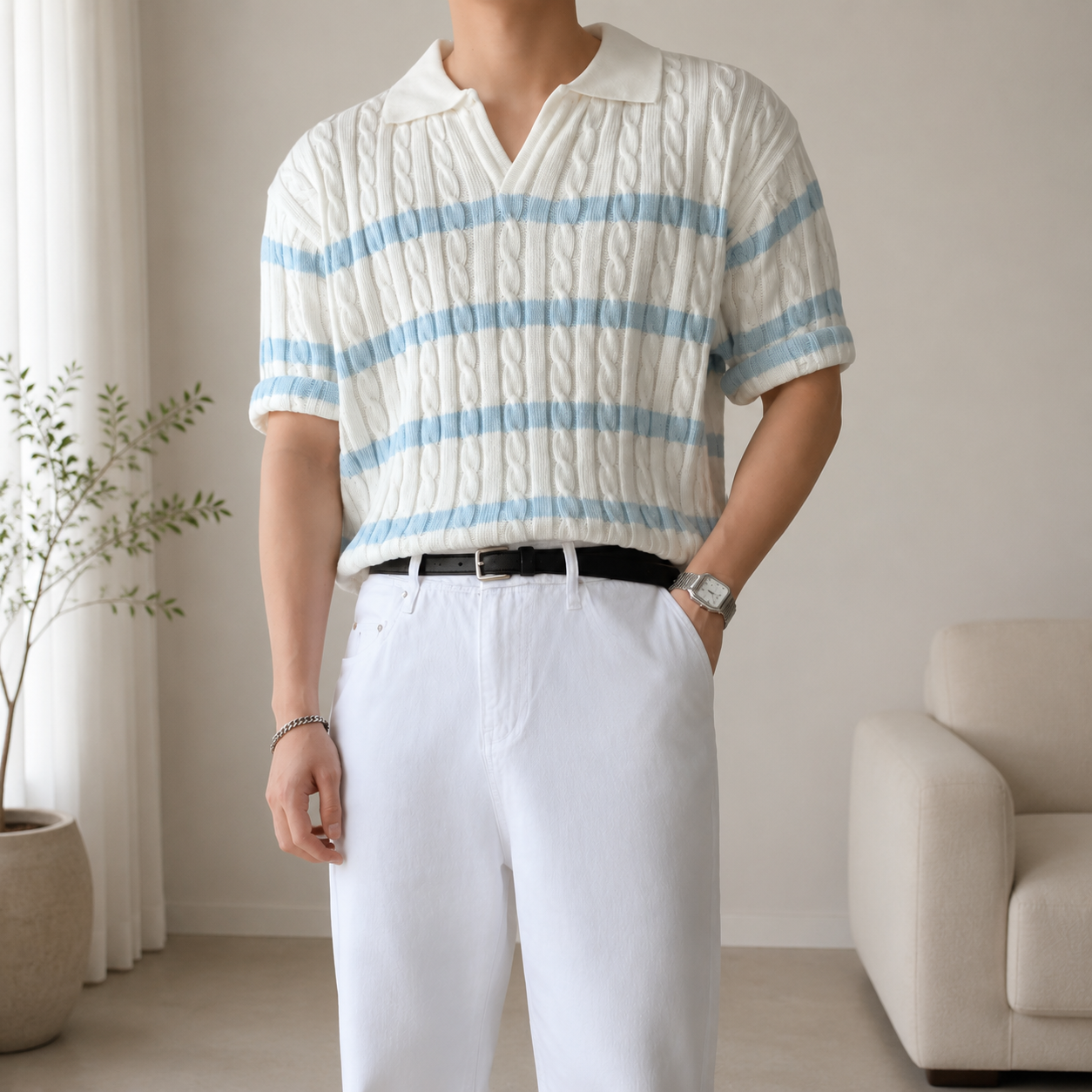 Summer Loose Fit Striped Knit Polo Shirt