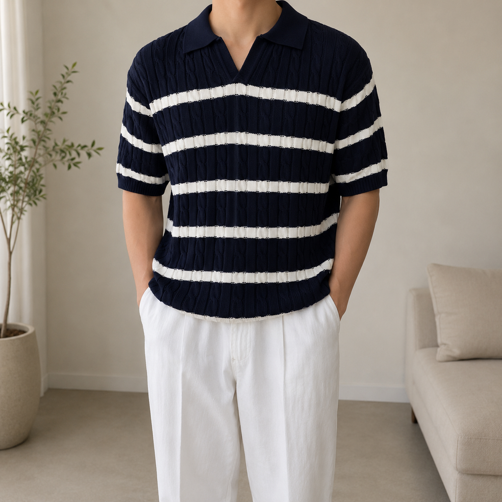 Summer Loose Fit Striped Knit Polo Shirt