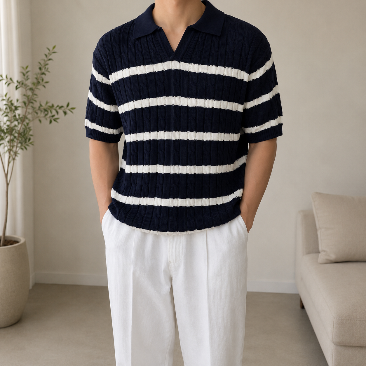 Summer Loose Fit Striped Knit Polo Shirt