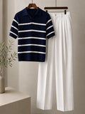 Men's Striped Knit Polo & Men's Double-Pleated Wide-Leg Trousers – Korean Business & Casual Dress Pants