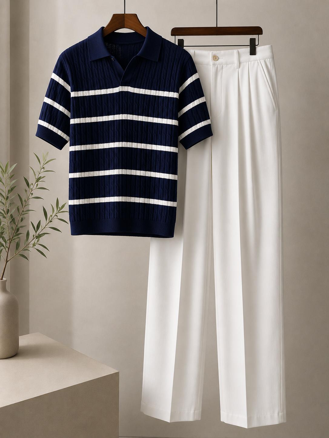 Men's Striped Knit Polo & Men's Double-Pleated Wide-Leg Trousers – Korean Business & Casual Dress Pants